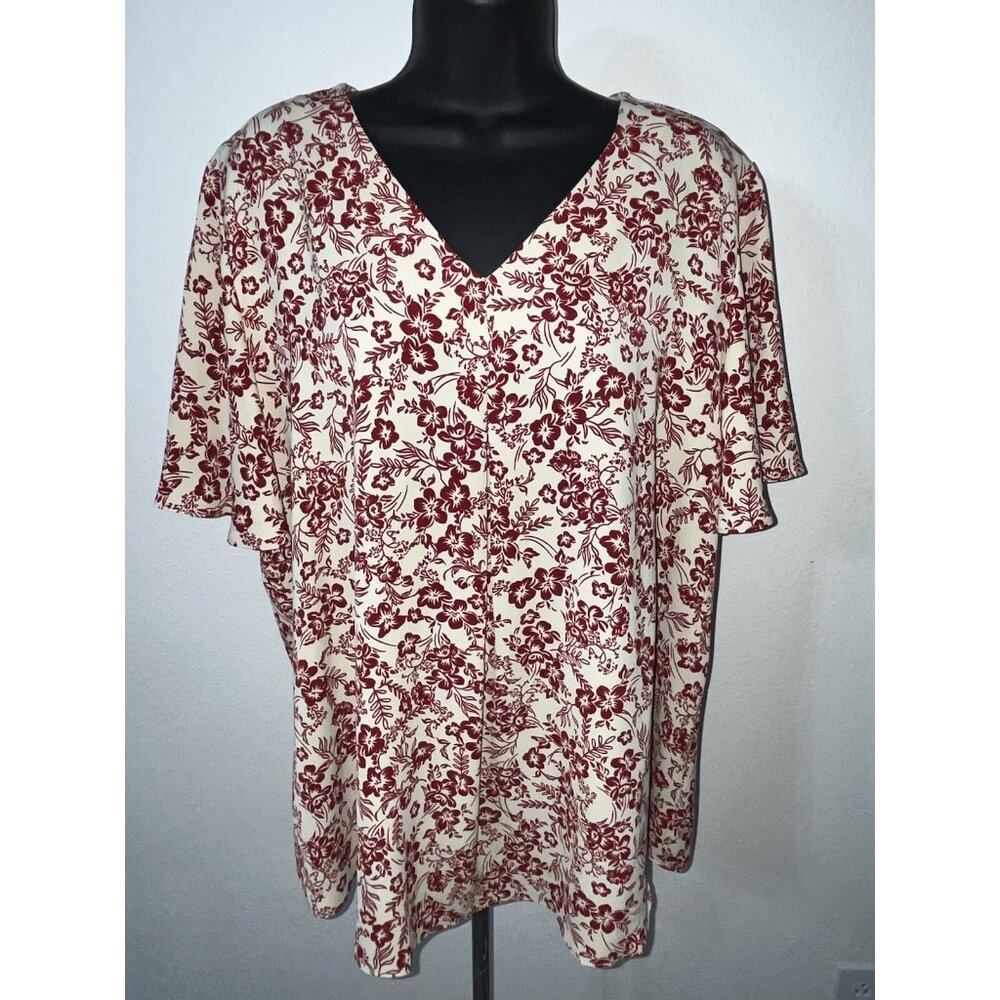 Anyally Floral V Neck top Blouse Short Sleeves Women 2XL Stretch